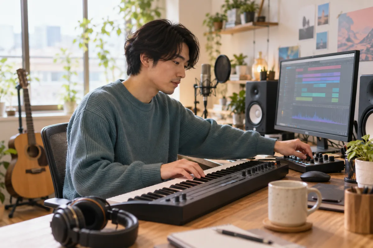 音楽制作の作業イメージ。キーボードと音楽制作ソフトを使って曲をつくっている様子