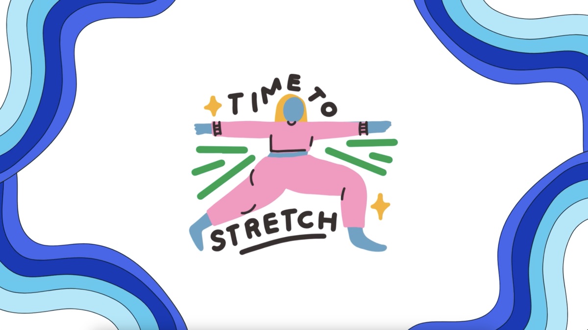 15時の時報「TIME TO STRETCH」の画面。ピンクの服の人物が大きく伸びをしているイラスト